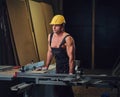 Portrait of shirtless muscular carpenter.