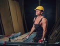 Portrait of shirtless muscular carpenter.