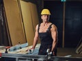 Portrait of shirtless muscular carpenter.