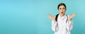 Portrait of shocked female doctor, worried healtcare worker in white robe, looking concerned at patient, standing over