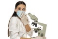 Portrait of shocked female scientist with microscope