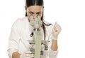 Portrait of shocked female scientist with microscope