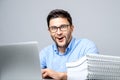 Portrait of shocked man sitting at the table with laptop Royalty Free Stock Photo