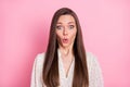 Portrait of shocked person open mouth look camera cant believe wear vintage isolated on pink color background