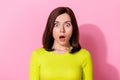 Portrait of shocked person open mouth stare cant believe isolated on pink color background