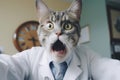 Portrait of shocked surprised cat in vet clinic wearing white doctor medical uniform.