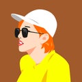 portrait of short hair girl wearing baseball cap and sunglasses. side view. vector flat graphic. Royalty Free Stock Photo