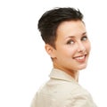 Portrait, short hair and happy woman with beauty or skincare in white background for shine. Wellness, natural model or
