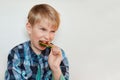 Portrait shot of angry little blond boy with blue eyes biting lollipop over white background. Pretty little child posing at the ca Royalty Free Stock Photo