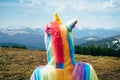 Feel freedom concept in mountains, woman traveling in a unicorn Royalty Free Stock Photo