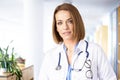Female doctor looking at camera and smiling while standing in the hospital corridor Royalty Free Stock Photo