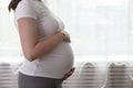 Portrait shot of young beautiful woman on third trimester of pregnancy. Close up of pregnant female with arms on her round belly.