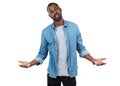 Portrait, shrug and mockup with a black man in studio isolated on a white background asking what or why. Doubt, hands