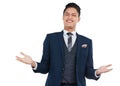 Portrait, shrug and mockup with a business asian man in studio isolated on a white background to answer a question