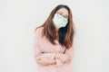 Portrait of sickness Asian woman wearing a mask to protect against infectious diseases from virus or bad pollution from PM2.5 smog Royalty Free Stock Photo