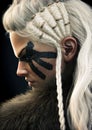 Portrait side view of a fierce viking female warrior with white braided hair and black face paint markings.