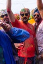 Portrait of sikh people with colorful turban and colours of face during hola mohalla