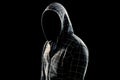 Portrait, silhouette of a man in a hood on a black background, his face is not visible. The concept of a criminal, incognito,