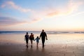 Portrait silhouettes of three children and dad happy kids with father on beach at sunset. happy family, Man, two school Royalty Free Stock Photo