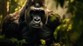 Portrait of sitting gorilla in wilderness. Generative AI