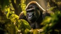 Portrait of sitting gorilla in wilderness. Generative AI