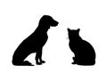 Portrait of sitting pets, domestic dog and cat vector siilhouette illustration isolated on white