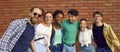 Portrait of six happy carefree multiracial young friends on background of brick wall.