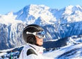 Portrait skier mountains in the background. Ski resort Courchevel Royalty Free Stock Photo