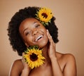 Portrait, skincare and sunflower with a model black woman in studio on a brown background for cosmetics. Face, beauty or Royalty Free Stock Photo
