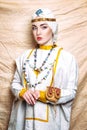 Portrait of slavic women from the past. National vintage clothing