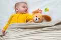 Portrait of a sleeping baby in bed under a blanket with a toy and pacifier nearby Royalty Free Stock Photo