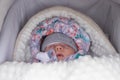 Portrait of sleeping baby in winter park Royalty Free Stock Photo