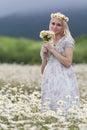 Portrait of slim girl in light dress against a chamomile field Royalty Free Stock Photo