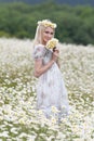 Portrait of slim girl in light dress against a chamomile field Royalty Free Stock Photo