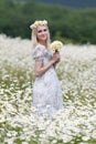 Portrait of slim girl in light dress against a chamomile field Royalty Free Stock Photo