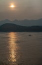 Portrait of sloop while sunset reflected by Yangtze River, Chongqing, China Royalty Free Stock Photo