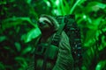 Portrait of a sloth with a 3D printed exoskeleton, against a jungle backdrop