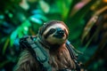 Portrait of a sloth with a 3D printed exoskeleton, against a jungle backdrop