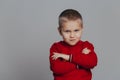 portrait of a little attractive boy in a red sweater on a gray background Royalty Free Stock Photo