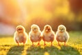 Portrait of small baby chickens on a green grass meadow, bright sunny day, sun beams at sunset, on a ranch in the village Royalty Free Stock Photo