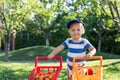 Portrait of small caucasian cute blond toddler boy holding toy shopping cart full of sweet ripe apricots against green tree and Royalty Free Stock Photo