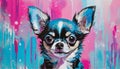 Portrait of a small Chihuahua dog painted with acrylic paint, graphic style, violet, pink