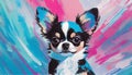 Portrait of a small Chihuahua dog painted with acrylic paint, graphic style, violet, pink