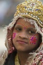 Portrait of a small girl dressed up like Radha at Barsana,Uttarpradesh,India