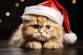 Portrait of small kitten in red Christmas Santa hat. Cute little cat dressed as Santa Claus Royalty Free Stock Photo