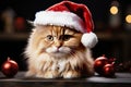 Portrait of small kitten in red Christmas Santa hat. Cat dressed as Santa Claus Royalty Free Stock Photo