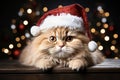 Portrait of small kitten in red Christmas Santa hat. Cat dressed as Santa Claus Royalty Free Stock Photo