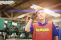 Portrait of smart engineer Asian Chinese happy labor worker handsome model in heavy industry background.hand at protection