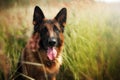 Portrait of a smart german shepherd dog among the green grass