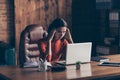 Portrait smart serious intelligent lady red sweater sit chair armchair dilemma search decision choice solve troubles